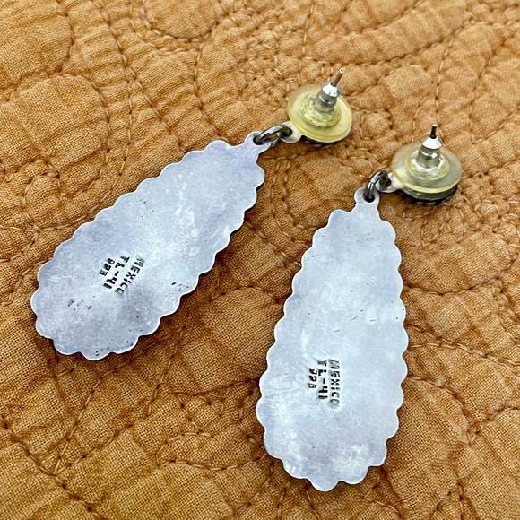 Vtg Taxco Multicolor Inlay Drop Earrings Sterling Silver Southwest Frida Kahlo - Picture 5 of 9